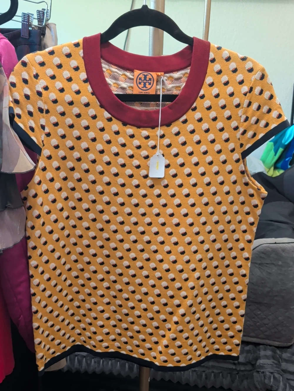 Tory Burch Yellow Dot Knit Short-Sleeve Top with Burgundy Trim